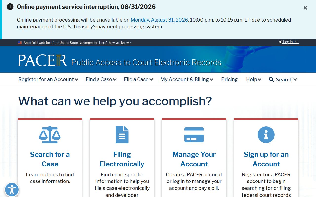 Lake County case search context showing the separate official PACER federal records service