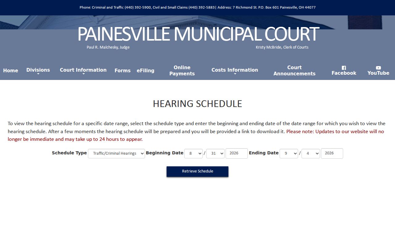 Lake County court calendar form for Painesville Municipal Court hearing schedules