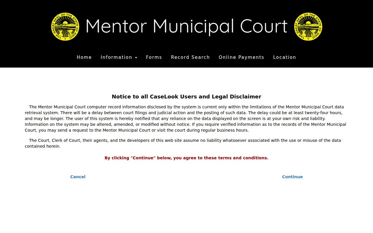 Mentor court docket CaseLook search and calendar interface