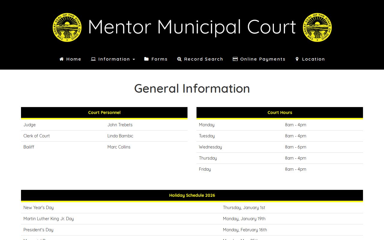 Mentor court docket Clerk traffic criminal and civil contact routes