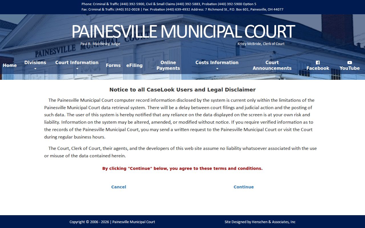 Painesville court docket CaseLook disclaimer for Lake County municipal case access
