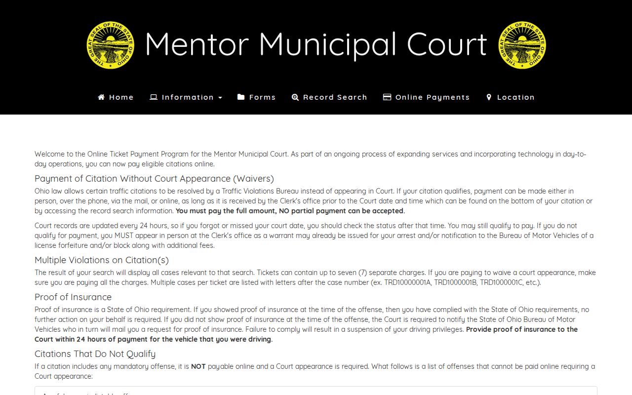 Lake County traffic ticket Mentor Municipal Court payment and appearance notice